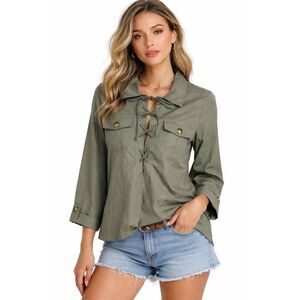 Ann Mashburn Size S Cotton Blouse Top Green Lace Up Tortoise Buttons Safari